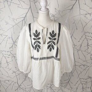 Reitmans White Cotton Blend Leaf Embroidered Peasant Blouse
